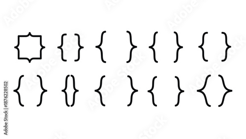 Set of various black curly bracket symbols and punctuation marks arranged in two rows on a white background.