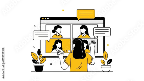 Illustration of a diverse group of women participating in a video conference call.