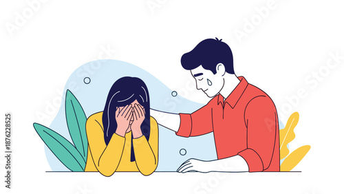 Emotional illustration of a man comforting a crying woman by placing a supportive hand on her shoulder.