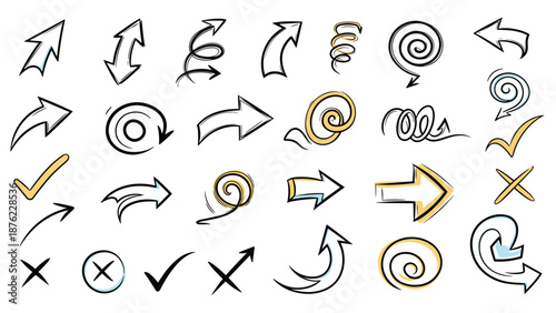 Large set of hand drawn arrows and symbols including circles checkmarks and crosses in various styles for infographics and design.
