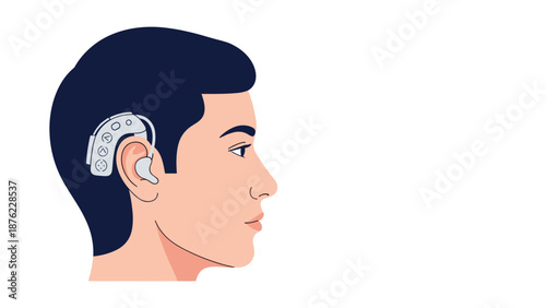 Side profile of a man wearing a discrete behind the ear hearing aid device for hearing loss assistance.
