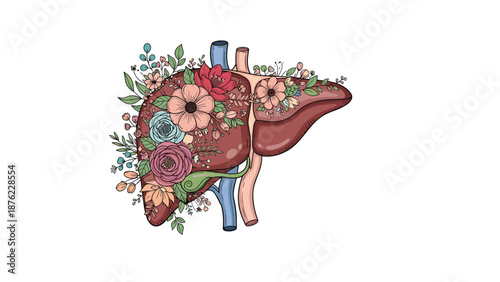 Detailed anatomical illustration of a human liver is creatively embellished with colorful blooming flowers and green leaves.