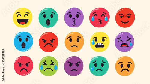 A collection of 15 colorful emoji faces expressing a wide range of emotions and feelings.