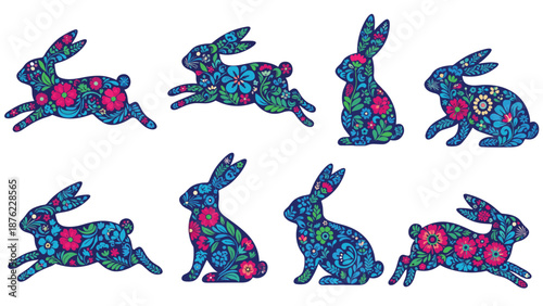 Eight different rabbit silhouettes are filled with vibrant folk art floral patterns and botanical designs on a plain white background.