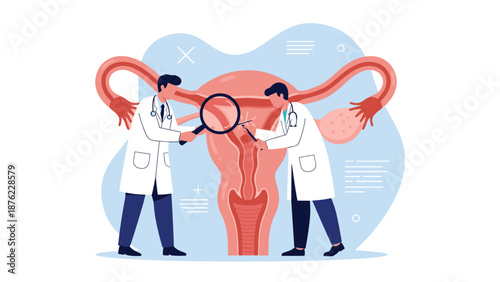Two doctors in white coats are carefully examining a large anatomical model of a human uterus with a magnifying glass.
