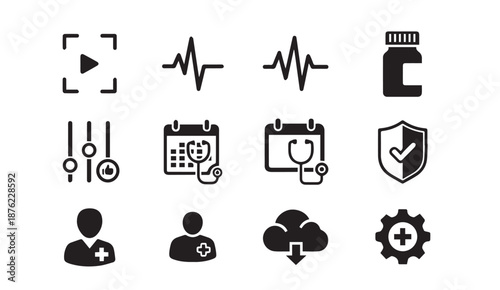 Medical and healthcare icons set including symbols for doctors, medicine, and health technology
