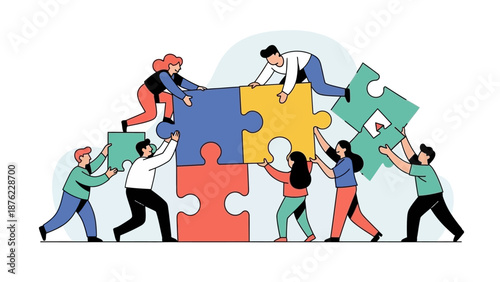 A diverse group of people working together to assemble a large, colorful jigsaw puzzle, symbolizing teamwork and collaboration.