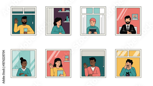 Illustration of diverse neighbors looking out of their apartment windows and waving during a social distancing.