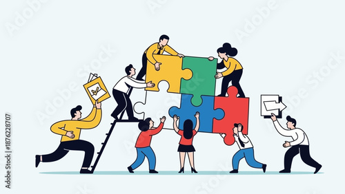 A diverse team of people collaborating to build a puzzle, symbolizing teamwork and problem-solving.