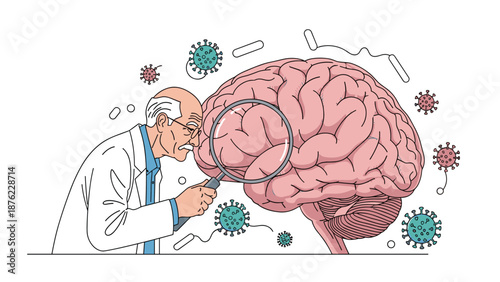 Senior doctor meticulously examining a large human brain illustration with a magnifying glass for research.
