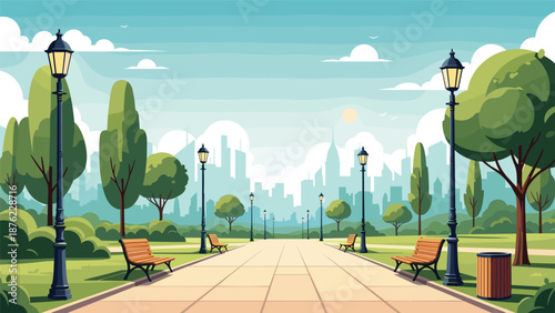 Scenic view of a city park with empty benches green trees and a urban skyline in the distance on a sunny day.