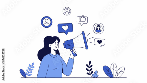 A woman holding a megaphone with social media icons floating around her head, representing communication and engagement.