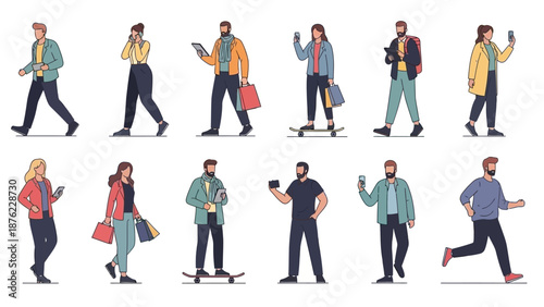 A diverse group of people engaged in various everyday activities, showcasing modern urban life and technology.