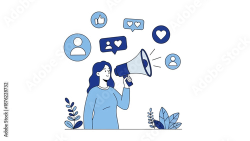 A woman holding a megaphone with social media icons floating around her head, representing communication and engagement.