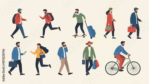 A diverse collection of people engaged in various daily activities, including walking, running, cycling, and commuting with luggage.