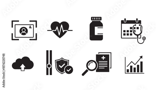 Collection of modern black medical and technology icons on white background