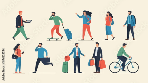 A diverse group of people engaged in various everyday activities, including commuting, shopping, and leisure.