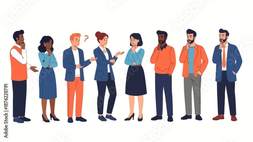 A diverse group of people standing in a line, some looking confused and others thoughtful, illustrating a range of emotions and interactions.