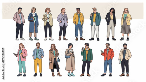 A diverse group of young adults in stylish, casual outfits, standing and holding phones, showcasing modern fashion and urban lifestyle.