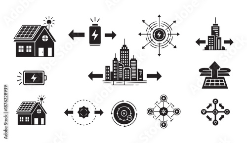 Renewable energy icons for sustainable living and urban planning concepts