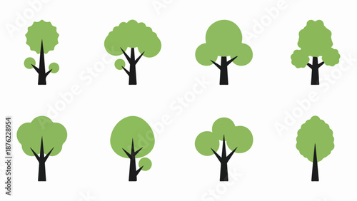 Collection of stylized green trees with simple black trunks isolated on white background, Vector, illustration