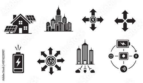 Black vector icons depicting sustainable energy concepts and urban infrastructure