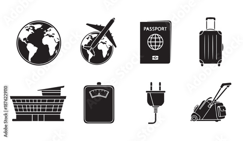 Black vector icons for travel and tourism, including globe, airplane, passport, luggage, and more.