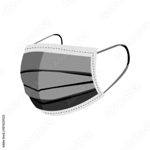 Black and white halftone illustration of a medical face mask, isolated on white background. Healthcare and hygiene concept for protection, safety, pandemic, or prevention design.