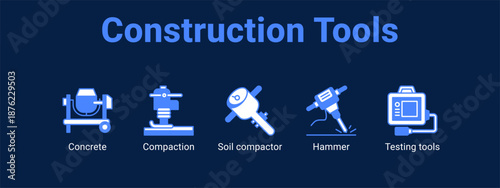 Construction Tools web banner icon vector illustration concept ,  with icon of Concrete, Compaction, Soil compactor, Hammer.