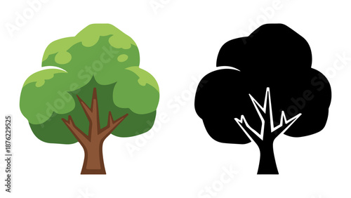 Stylized tree illustration in green and brown with a black silhouette isolated on white background, Vector, illustration