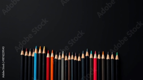 Collection of colorful pencils arranged in a line against a dark background, showcasing a spectrum of hues for creative expression and artistic endeavors