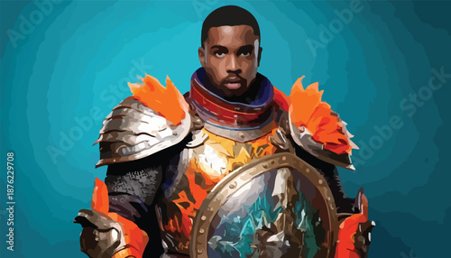 Man in fantasy knight armor with focused gaze.