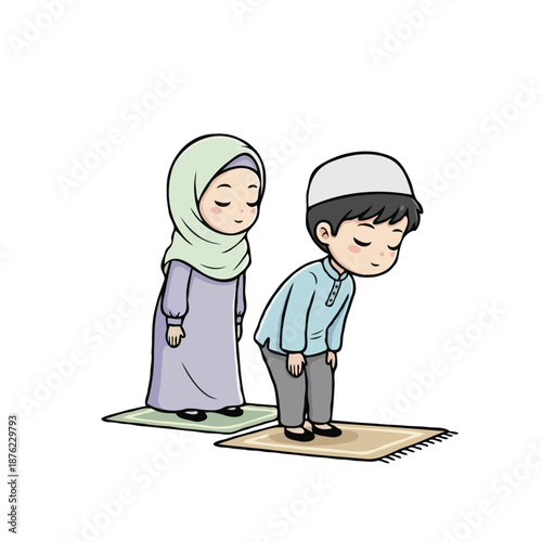 Muslim Kids Boy and Girl Praying Together Cartoon Illustration