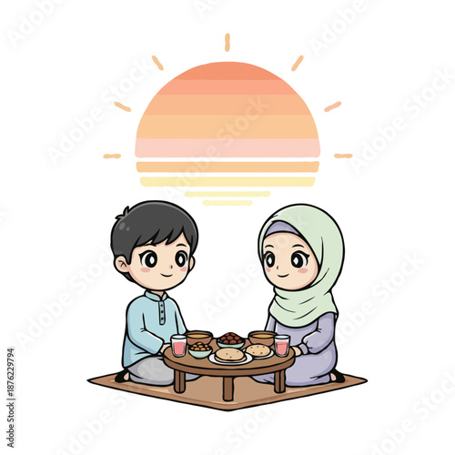 Muslim Children Having Suhoor or Iftar Meal at Sunrise