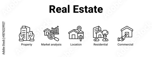Real Estate web banner icon vector illustration concept ,  with icon of Property, Market analysis, Location.