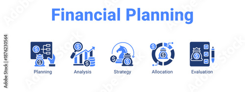 Financial Planning web banner icon vector illustration concept ,  with icon of Planning, Analysis, Strategy.