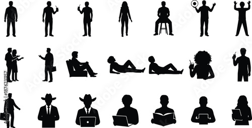 Set of diverse people silhouettes performing various actions like drinking, reading, working and relaxing, isolated on white background, vector collection.