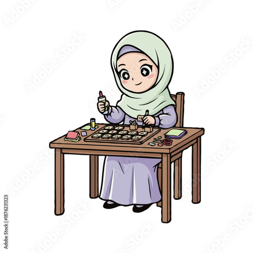 A cute chibi-style illustration of a young girl wearing a hijab, sitting at a wooden desk and joyfully crafting a countdown calendar for the holy month of Ramadan using glue, paper, and craft supplies