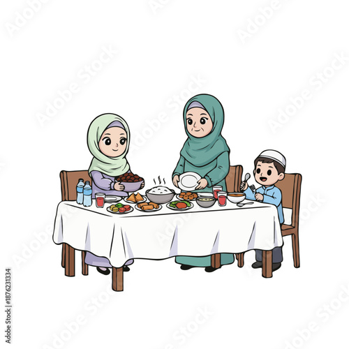 Muslim Family Having Iftar Dinner Together at Table During Ramadan Illustration