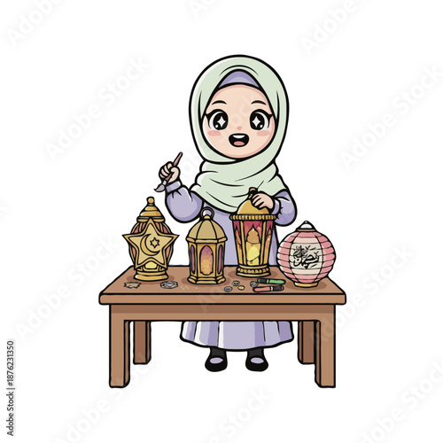 Muslim Girl Character Making Traditional Ramadan Lanterns Decoration Illustration