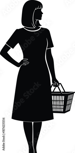 Silhouette of woman standing with hand on hip holding shopping basket, isolated on white background, black vector illustration design element.