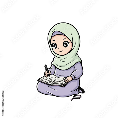 Young Muslim Girl Writing in Ramadan Journal Illustration