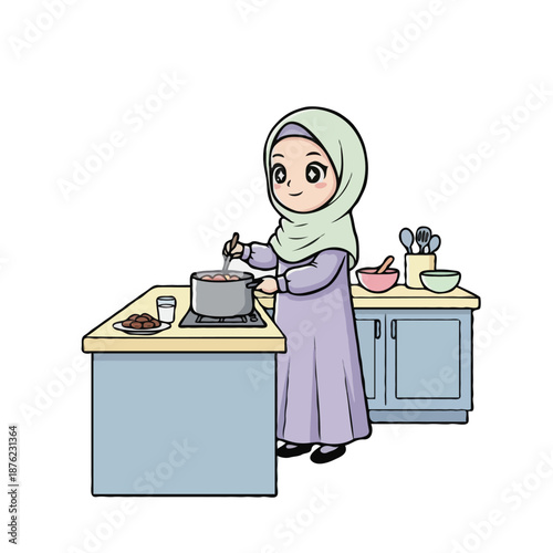 Muslim Girl Character Cooking Meal in the Kitchen for Ramadan Iftar Illustration