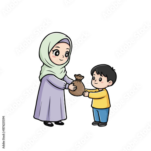 Muslim Girl Character Giving Alms and Charity Sack to Others Illustration