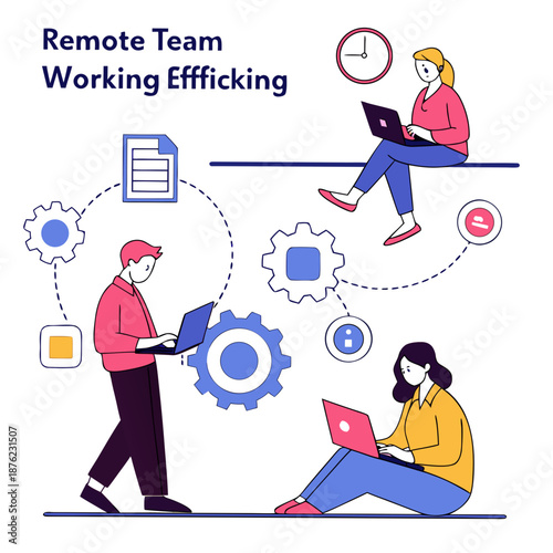 A vector graphic illustration of remote team members working efficiently together