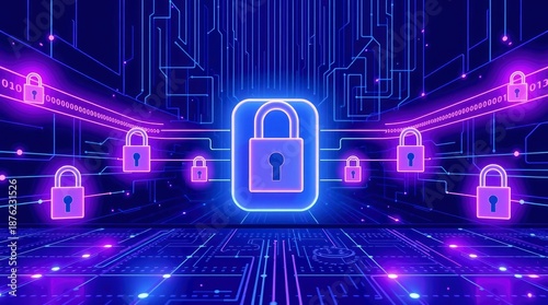 Futuristic digital security landscape with glowing padlock icons symbolizing robust data protection and network safety across an interconnected system