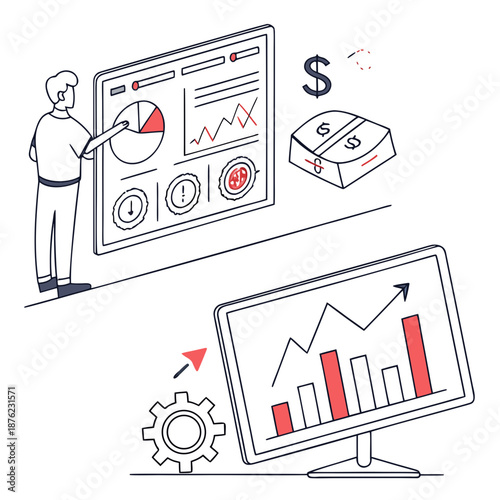 A businessman analyzing financial data on a computer and whiteboard with graphs