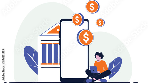 Person using laptop with mobile banking and financial growth concept