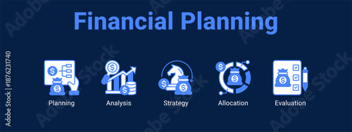 Financial Planning web banner icon vector illustration concept ,  with icon of Planning, Analysis, Strategy.