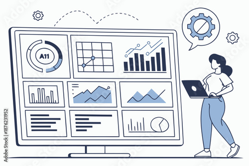 A woman analyzes data on a large computer screen with various graphs and charts